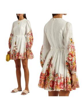 NWT Zimmermann Mae Belted Floral Print Linen Voile Mini Dress White Size: 10